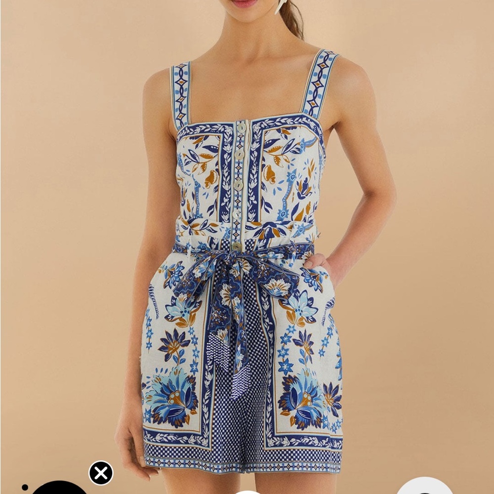 Farm Rio Floral Blue and White Sleeveless Romper size L